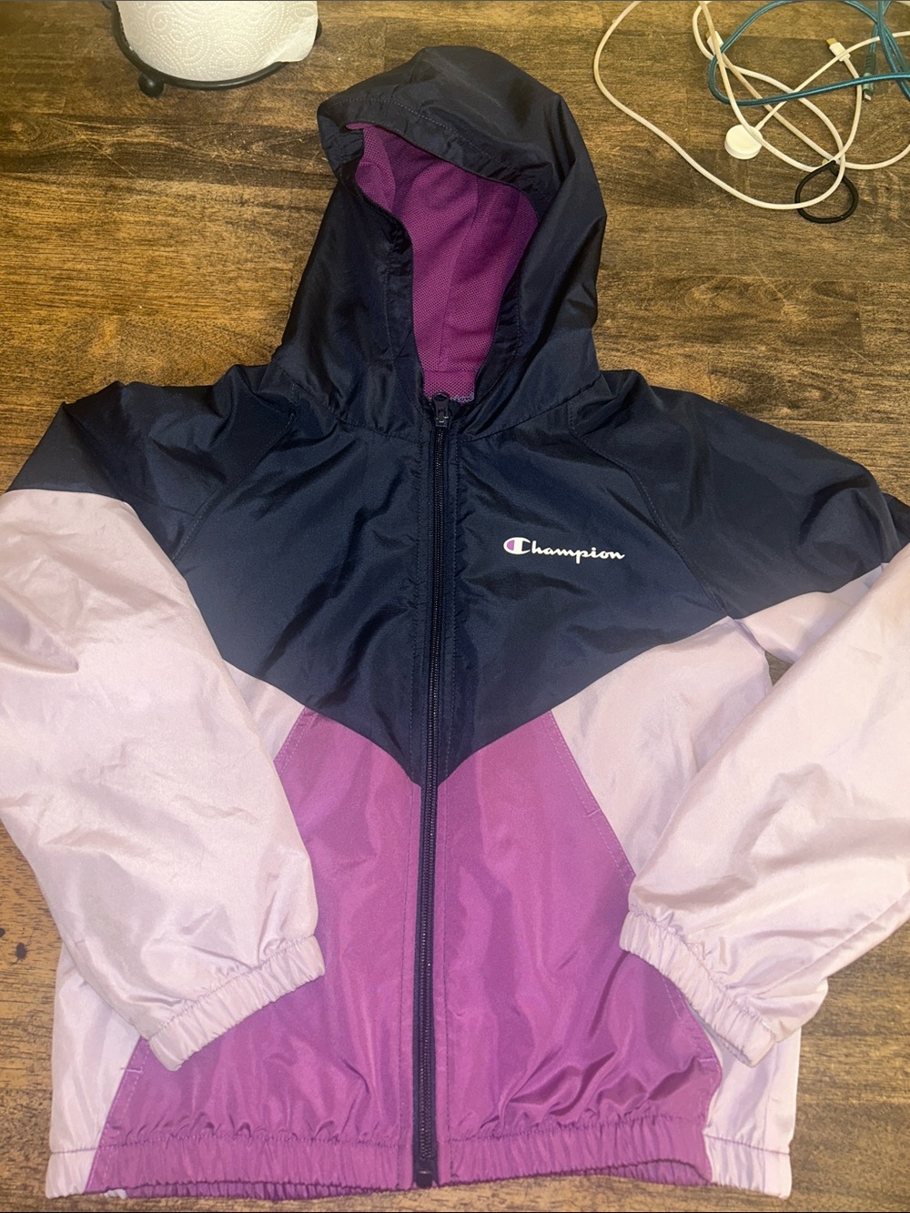 Champion Girls Hooded Colorblock Rain Jacket - Navy, Purple, Light Pink